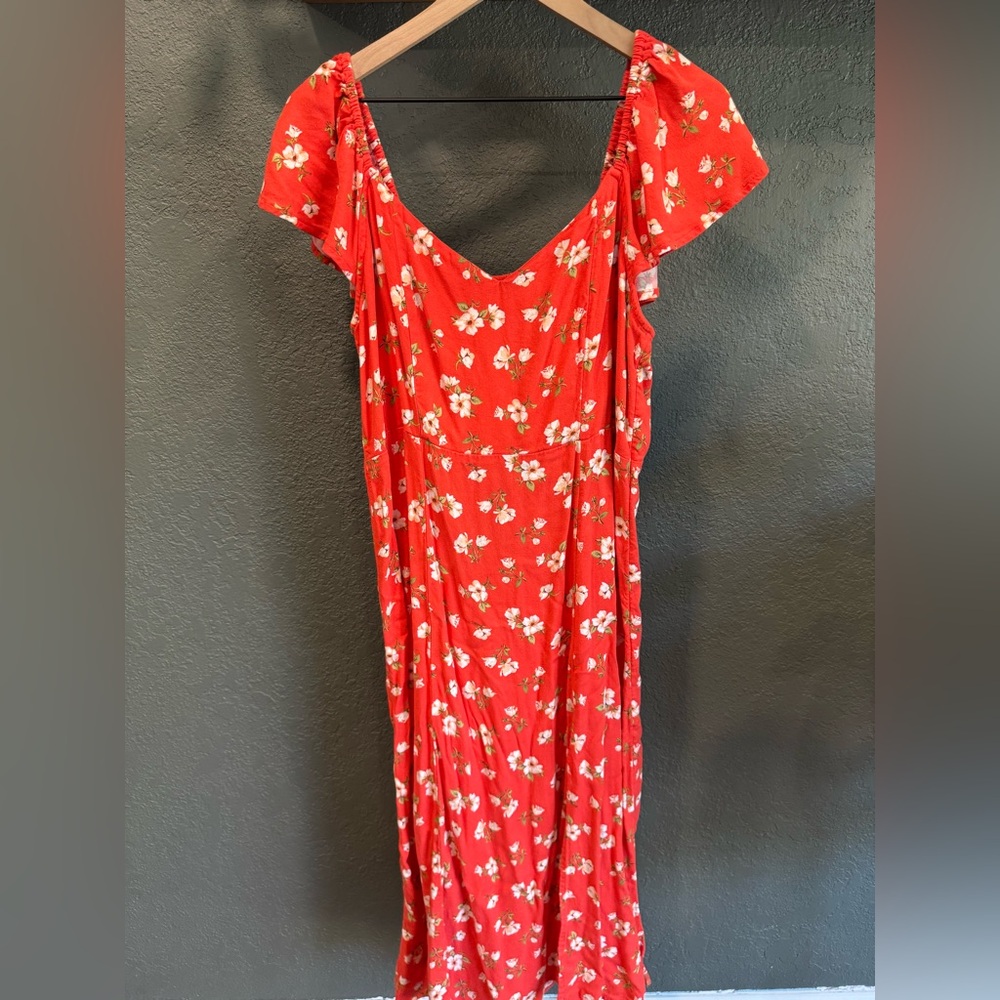 Old Navy Red Floral Midi Dress with Flutter Sleeves